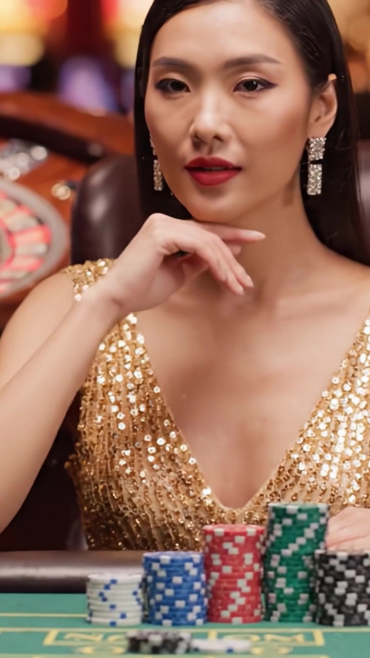 Una giocatrice sicura di sé in eleganti paillettes decide strategicamente la sua prossima mossa a un tavolo da poker ad alto rischio, circondata da fiches colorate e una ruota della roulette vintage