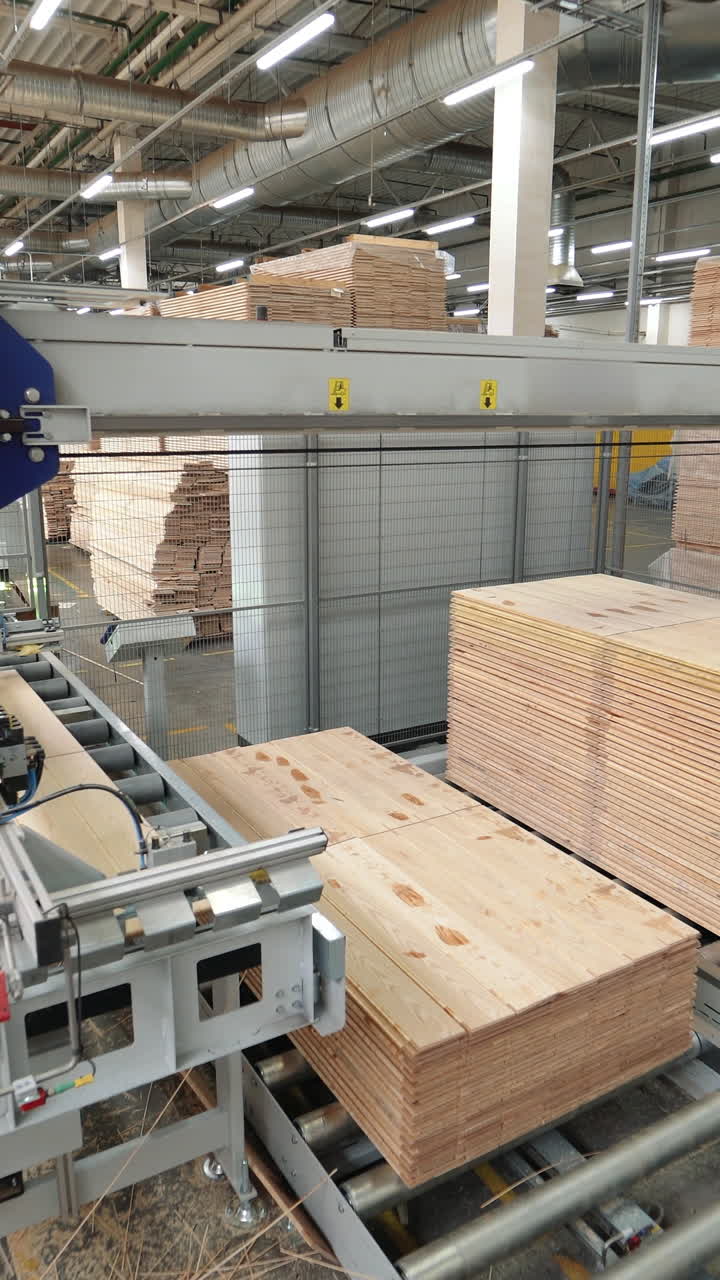Manufacture of flooring, parquet processing. Modern factory equipment. Robots working at industrial factory. Vertical video