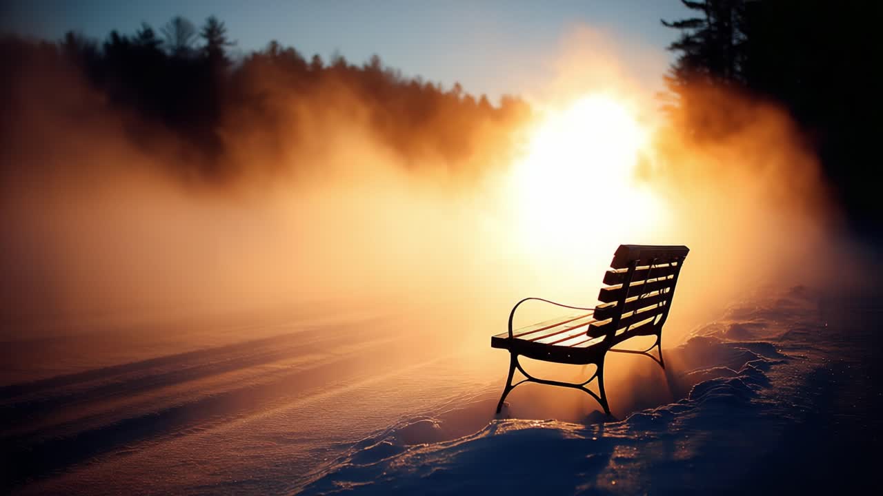 A Peaceful Winter Sunset: A Solitary Bench Overlooking a Misty Landscape as the Sun Sets Behind the Trees, Creating a Warm Glow Amidst the Chilly Air