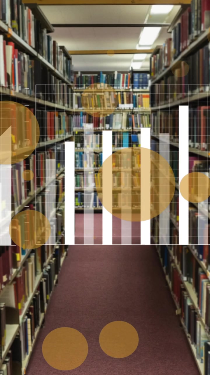 Animation of spots and data processing with world map over books on shelves in library