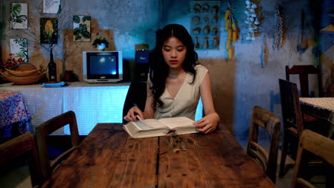 asian girl reading book at dining table, static closeup