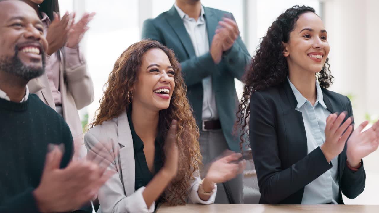 Happy, applause and business people in office