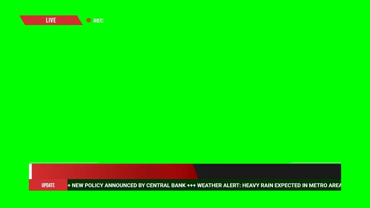 Nyhedsudsendelse lower third-grafik med rullende tekst på green screen