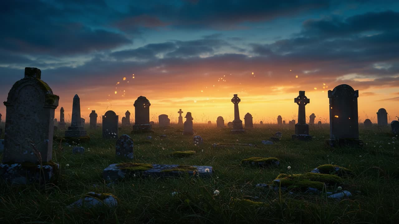 A Tranquil Twilight in an Ancient Graveyard: Capturing the Serene Beauty of Tombstones Silhouetted Against a Dusk Sky with Gentle Glimmers of Light