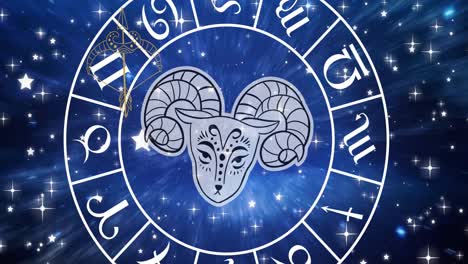 animation of horoscope symbols over stars on blue background