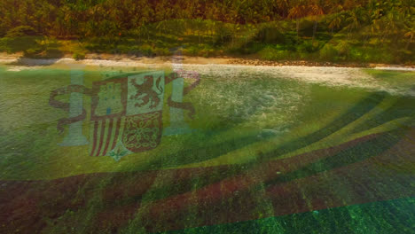 Digital-composition-of-waving-spain-flag-against-aerial-view-of-the-beach-and-sea-waves