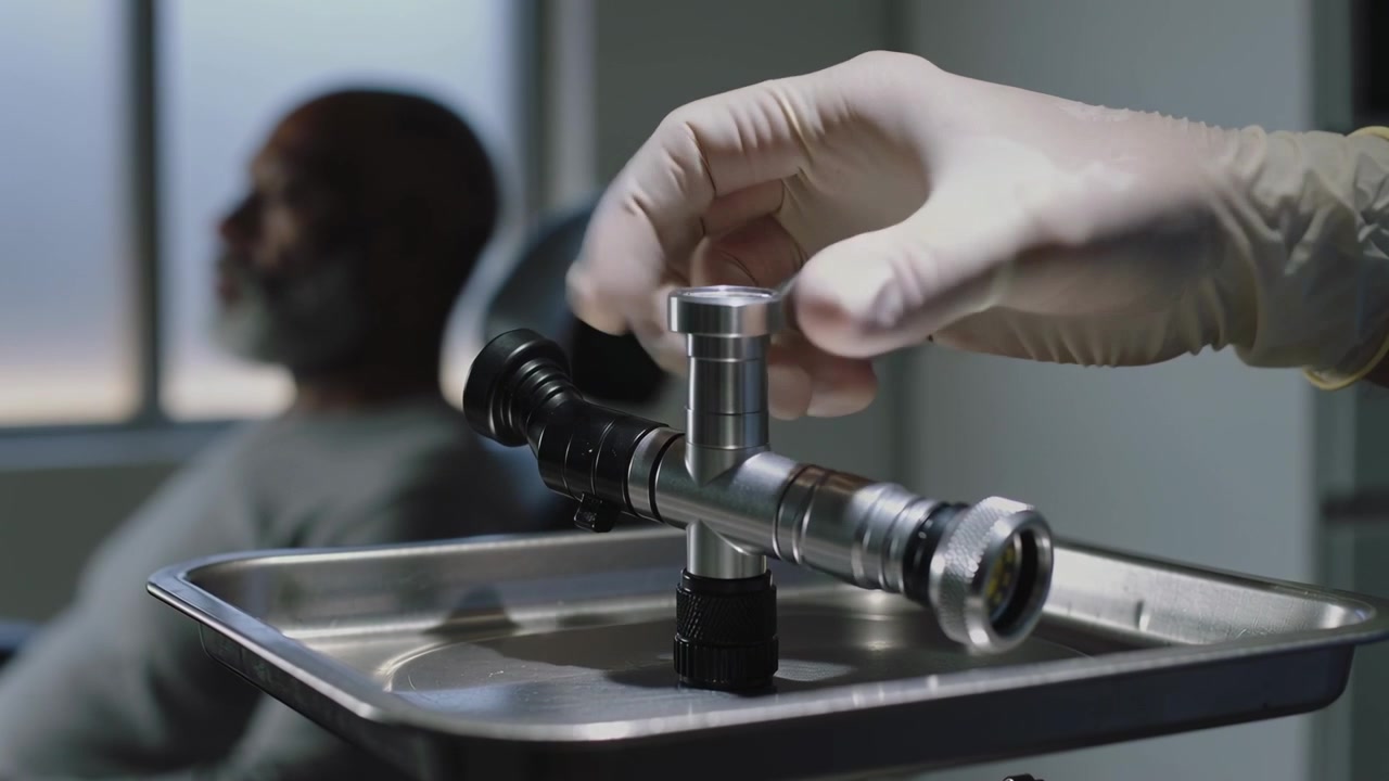 Reaching gloved clinician hands turning knob on handheld scope on exam tray, preparing for exam