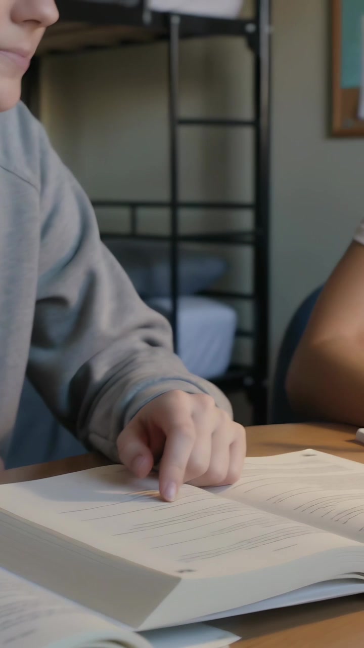 Video verticale: Studente con felpa con cappuccio che indica e guida un compagno con gli occhiali che scrive da un libro, studiando in dormitorio
