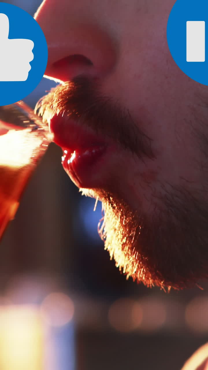 Animazione di icone "Mi piace" su un uomo caucasico che beve birra.
