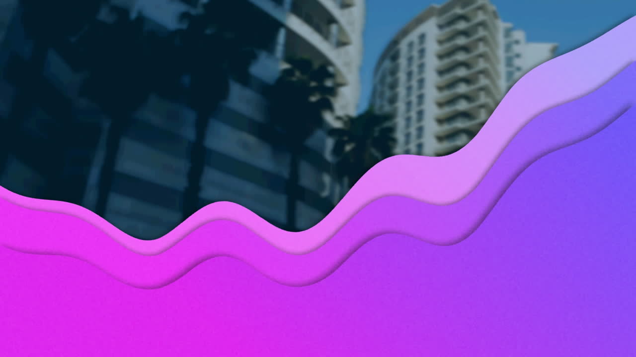 animación de ondas púrpuras sobre edificios modernos