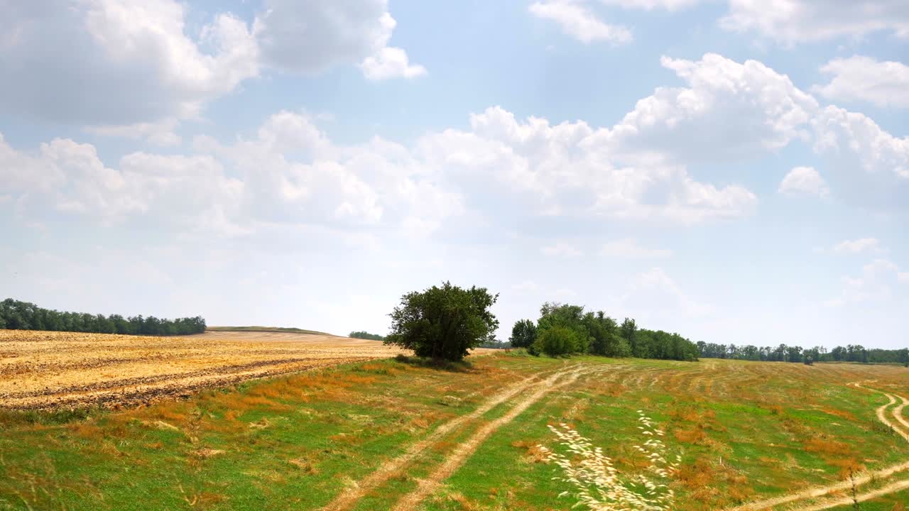 tráfico constante a lo largo de campos con hierba cortada y tierras cultivables