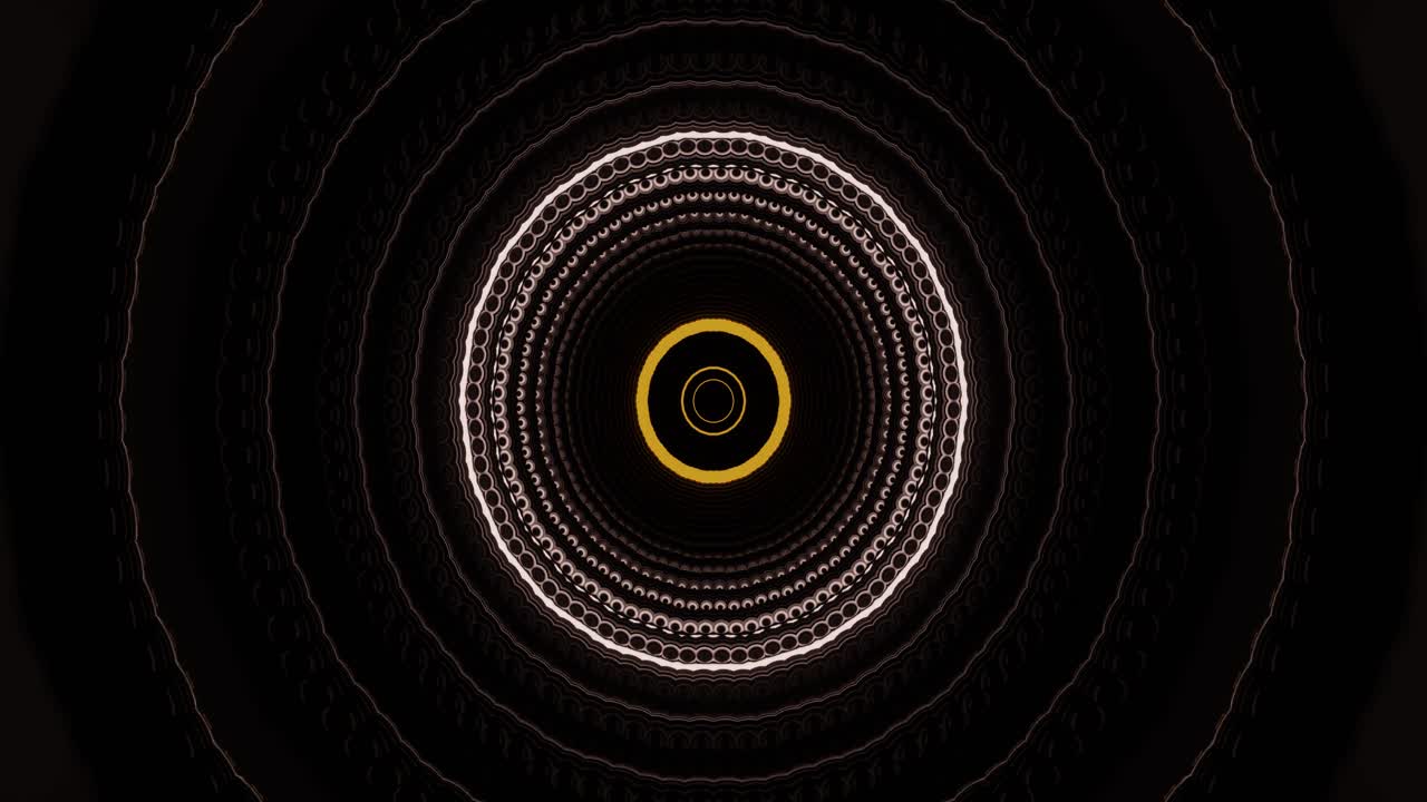 An abstract pattern continuously flows in vibrant colors, forming concentric circles that evolve and transform