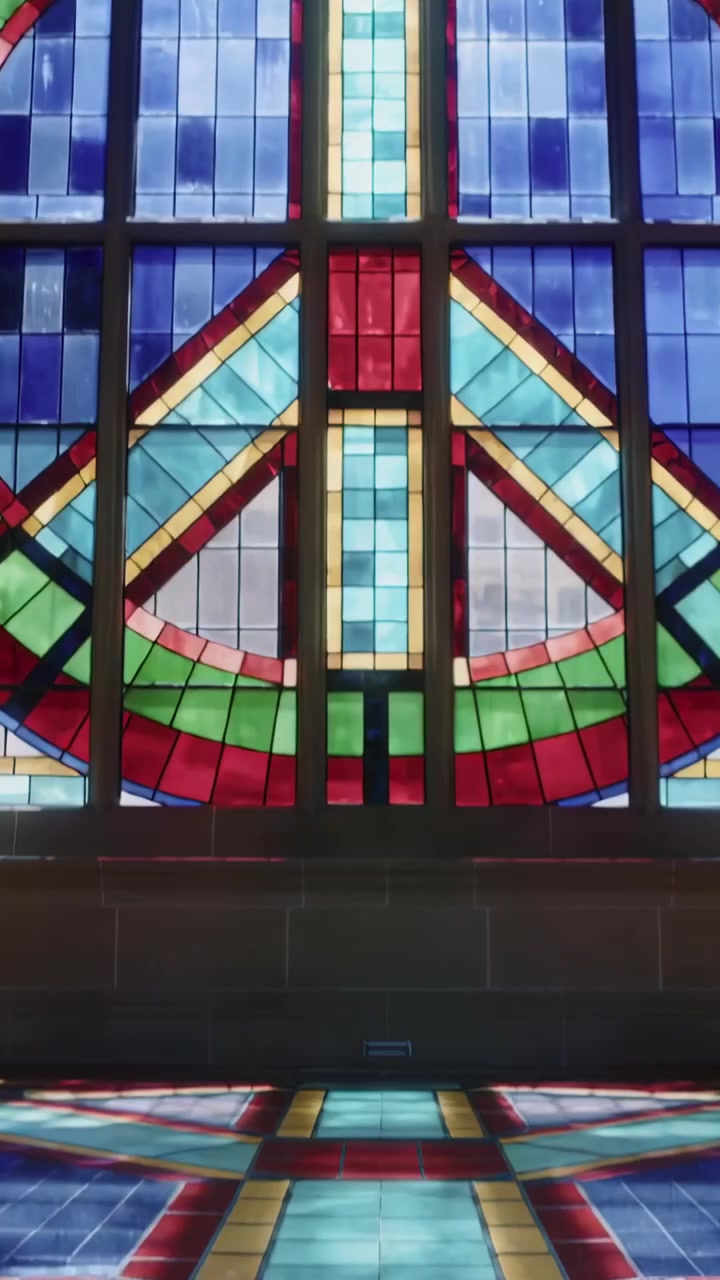Vídeo vertical: Câmera iniciando inclinação para baixo em capela mostrando vitral projetando brilho no chão.