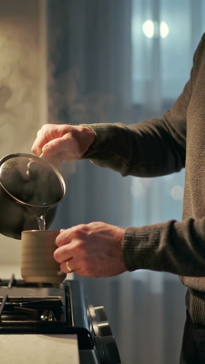 Vertical video: Lifting kettle lid, man in grey sweater pouring into mug at stove, ring, copy space