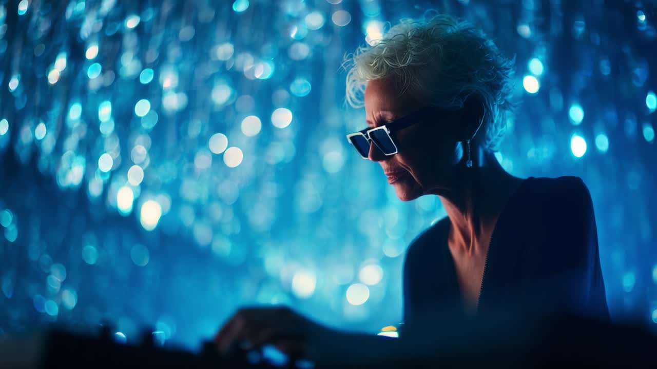 En talentfuld musiker optræder midt i et glitrende baggrundsmiljø og viser kreativitet og passion, mens vedkommende skaber fængslende melodier, der oplyser øjeblikkets energi med kunstnerisk udtryk.