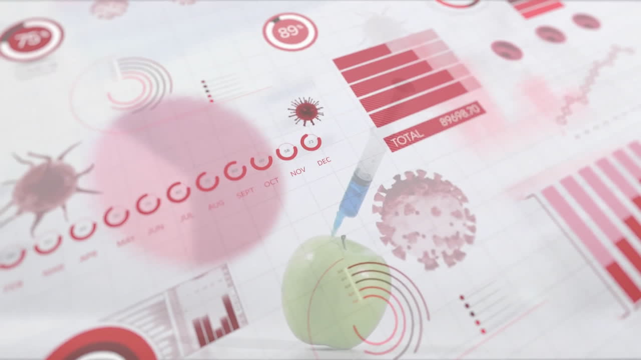 animación de la jeringa en la manzana sobre el procesamiento de datos en fondo blanco