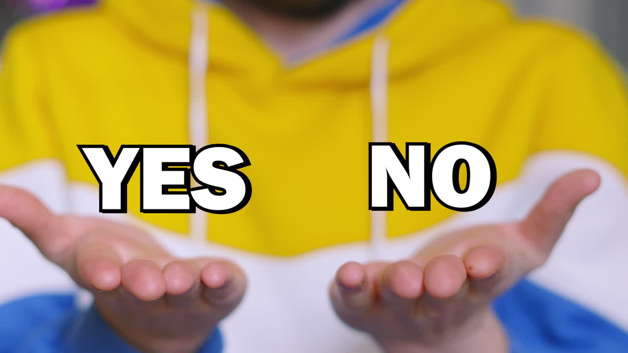 YES NO Choice Text Appearing on Male Hands and Tracking with Up and Down Movement. Visual Illustration of Two Options and Weighing Up Decision with Pros and Cons. 3D Animation.