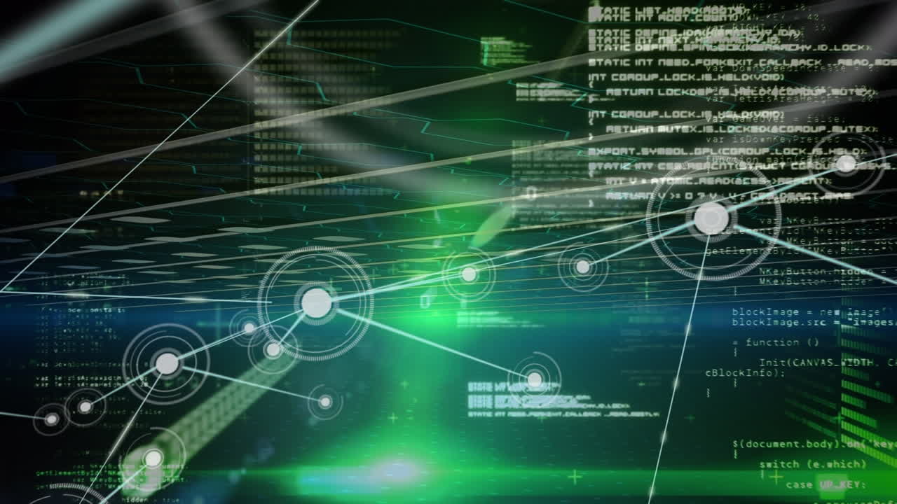 Animation of network of connections, data processing and green light spots on black background