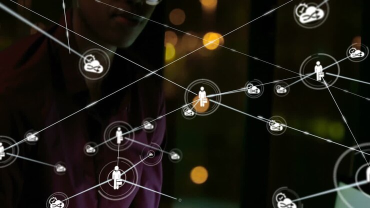 Animation of network of connections with people cons over african american businessman in office