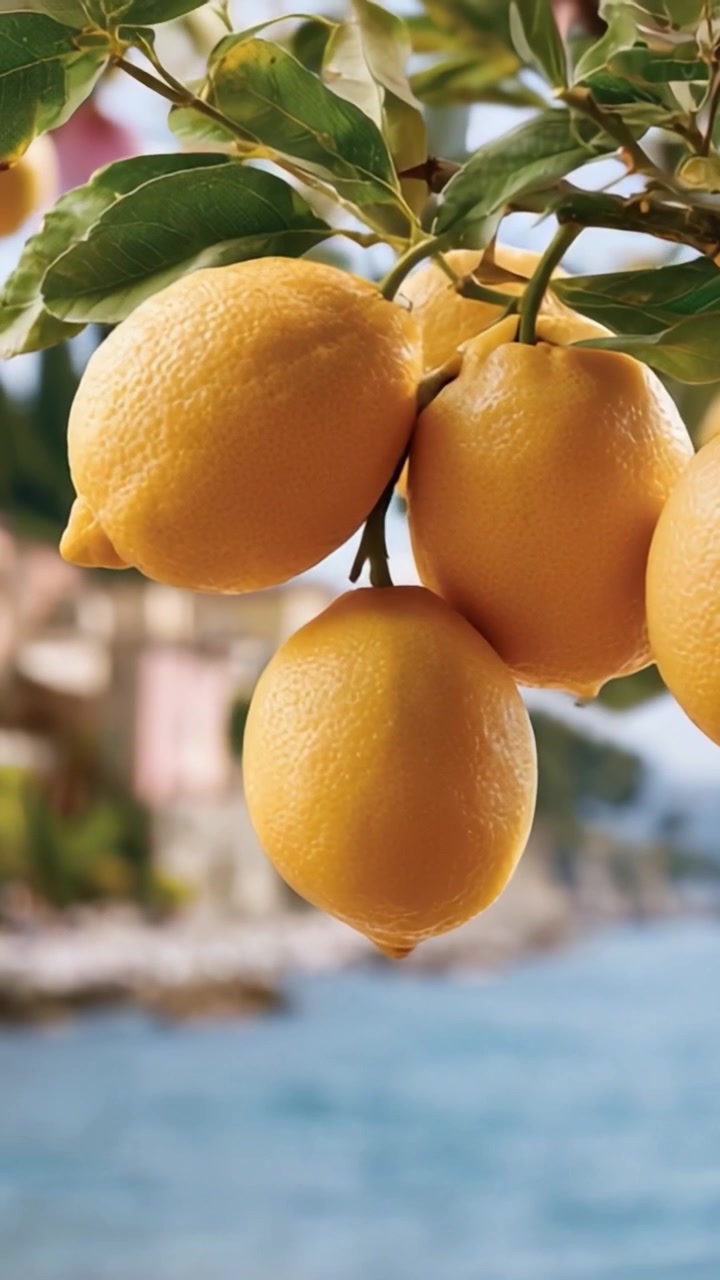 Limoni freschi e succosi appesi a un ramo con uno sfondo panoramico sul lungomare, catturati in due splendide inquadrature che ne evidenziano il colore vibrante e la texture
