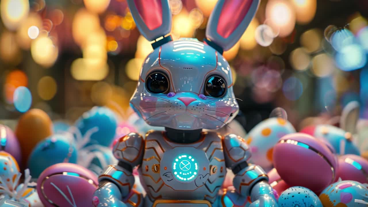 Futuristic Robotic Bunny Surrounded by Glowing Easter Eggs