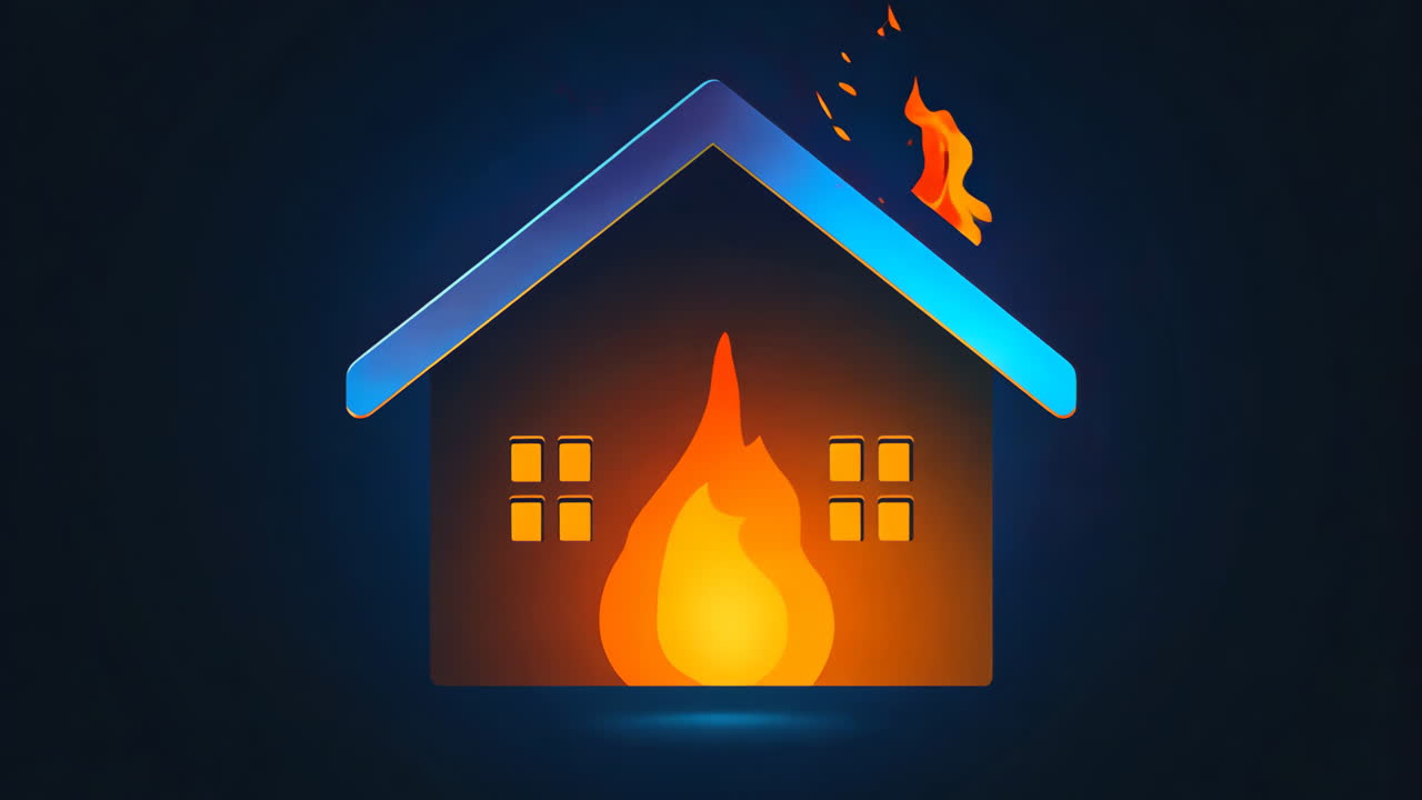 A house with a fire burning in it. The fire is in the middle of the house and is surrounded by windows