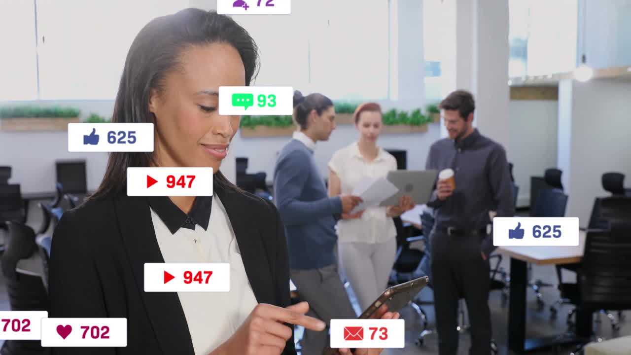 In office, businesswoman using smartphone with animation of social media notifications