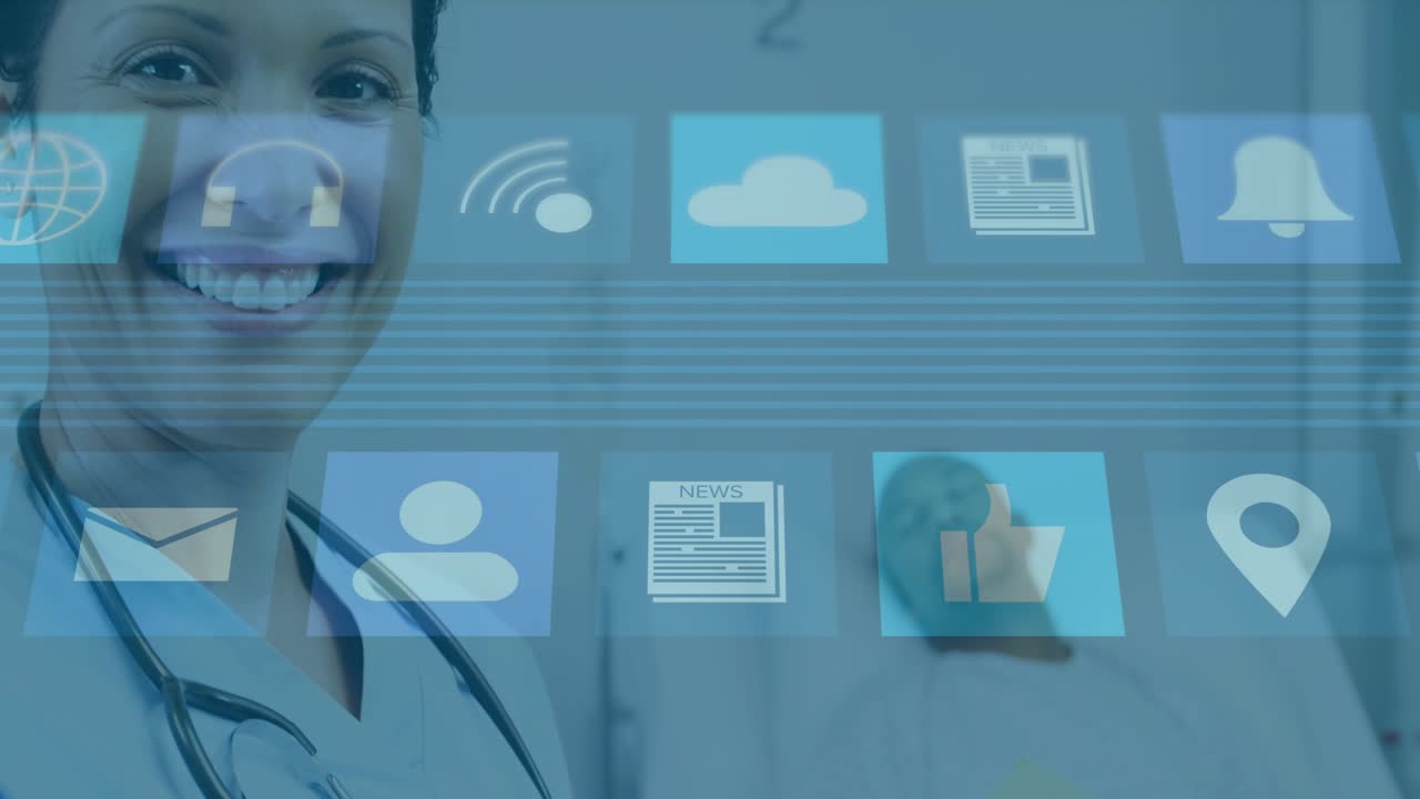 Patient tapping smartphone causing icon overlay while doctor reviewing clipboard monitoring status