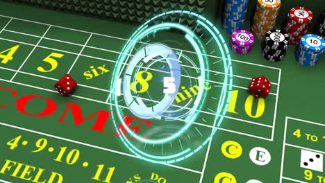 animación de escaneo de alcance con fichas y dados de juego