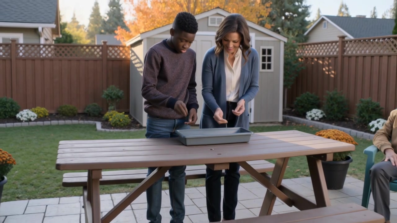 Sprinkling two people scooping and leveling seeds on backyard patio, preparing tray for planting
