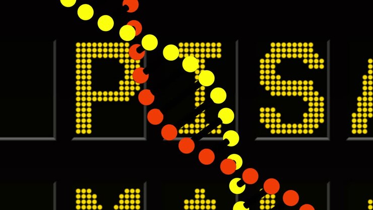 Digital animation of dna structure spinning against airport information board