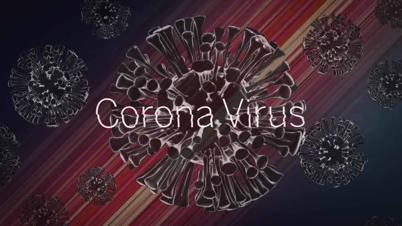 animación de la palabra coronavirus sobre las células macro covid19 19 en un fondo colorido