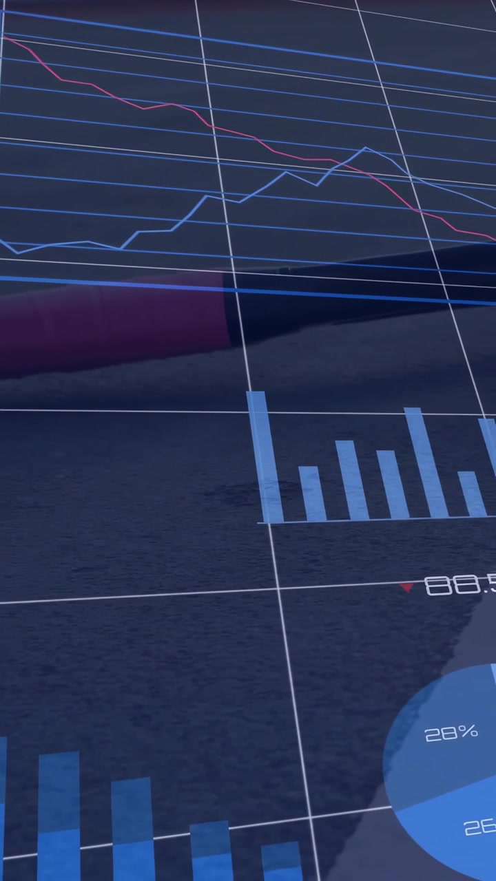 Video verticale: La telecamera si muove verso il basso partendo da una dashboard 3D che mostra un tubo viola, grafici e tendenze dei dati