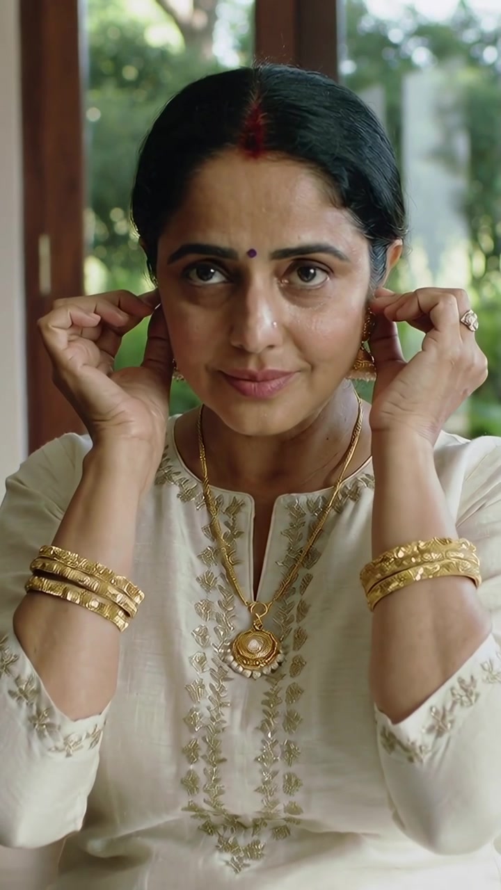 Video verticale: Donna indiana che si prepara a casa, allacciando orecchini jhumka d'oro e vestendosi con un kurta.
