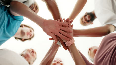 Hands stacked, fitness and group of people
