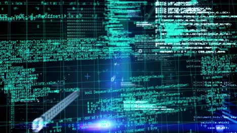 animation of light trails over data processing on black background