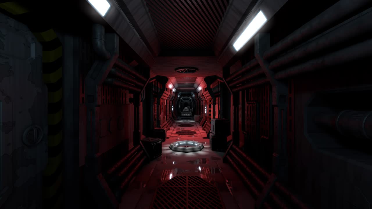 asustadizo corredor de nave espacial de ciencia ficción con alarma de evacuación. renderizado en 3d.