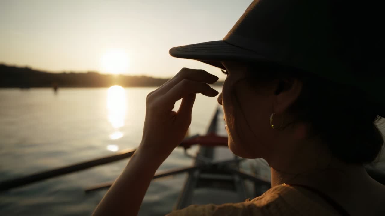 Adjusting brimmed cap, woman with hoop earring shielding eyes from sun glare in boat, copy space
