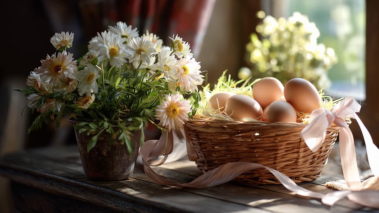 Soft light streams through a window. White daisies bloom beside a woven basket. Brown eggs rest gently in straw. Pink ribbon drapes across the scene. Stillness evokes peace and quiet