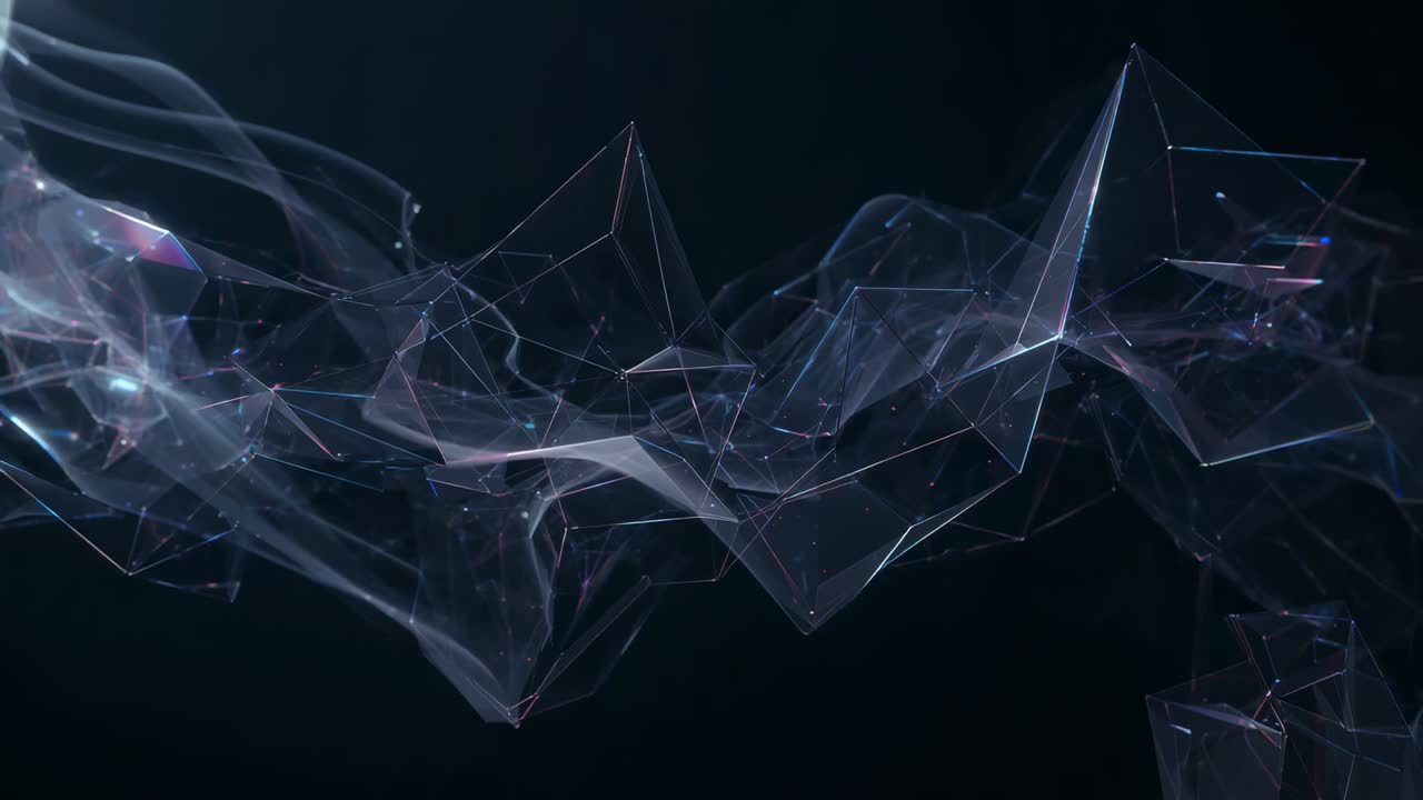 Undulating tri panels folding, edging over dark void frames advancing, pulsing wire nodes and smoke