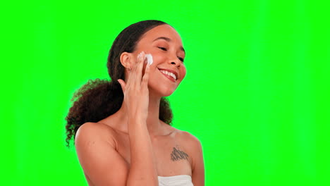 skincare, cream and face of woman on green screen