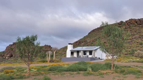 remote guest farm in the karoo, south africa, surrounded by hills and wildflowers