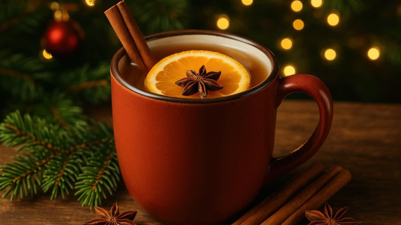 Warm holiday drink in a red mug with spices and orange slice, shot from a side angle