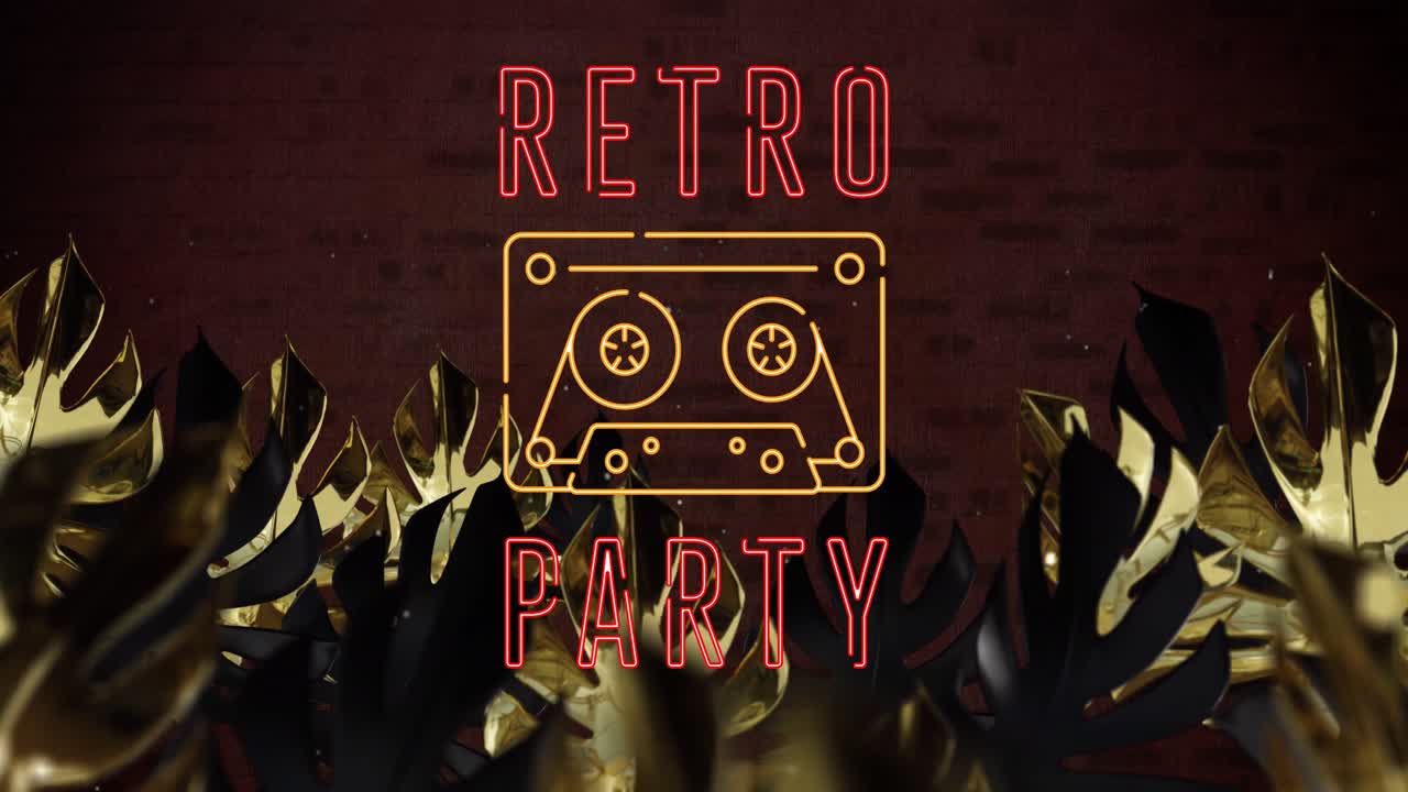 벽돌 배경의 잎 위에 레트로 파티 텍스트와 라디오 아이콘의 애니메이션