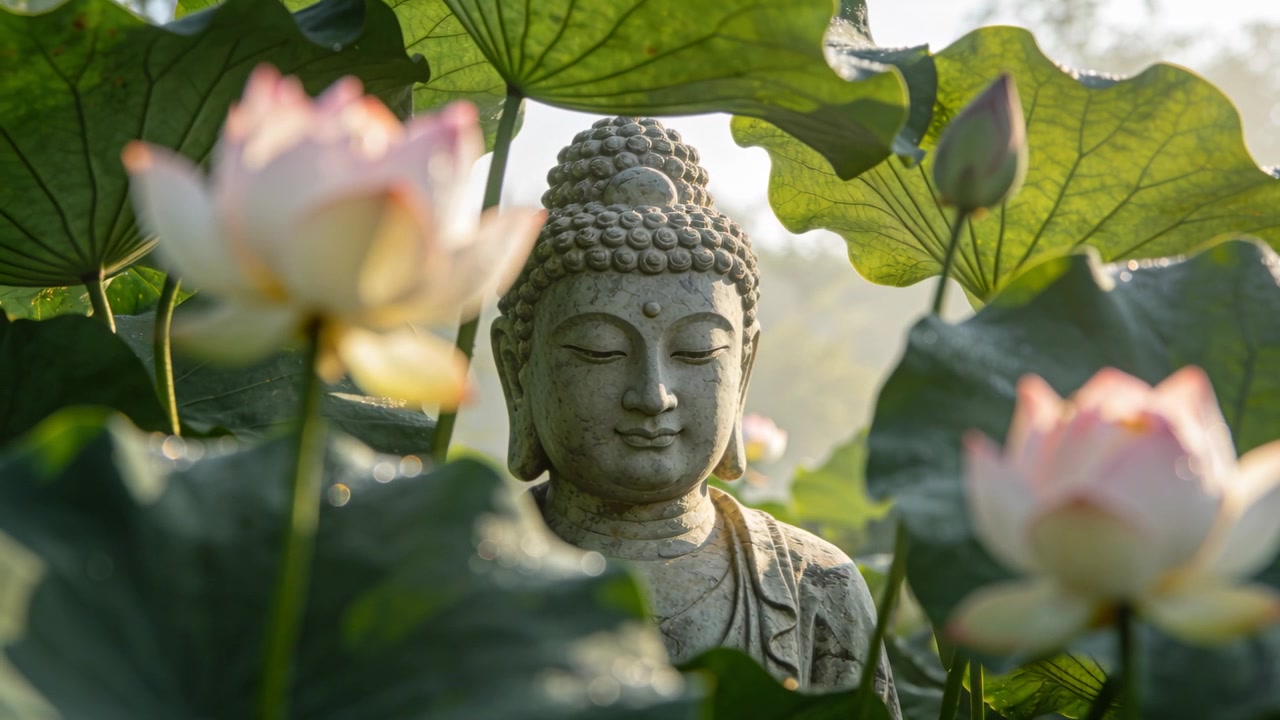Foglie e fiori di loto che ondeggiano e galleggiano in uno stagno, la brezza crea un effetto parallasse vicino a una statua di Buddha in pietra.