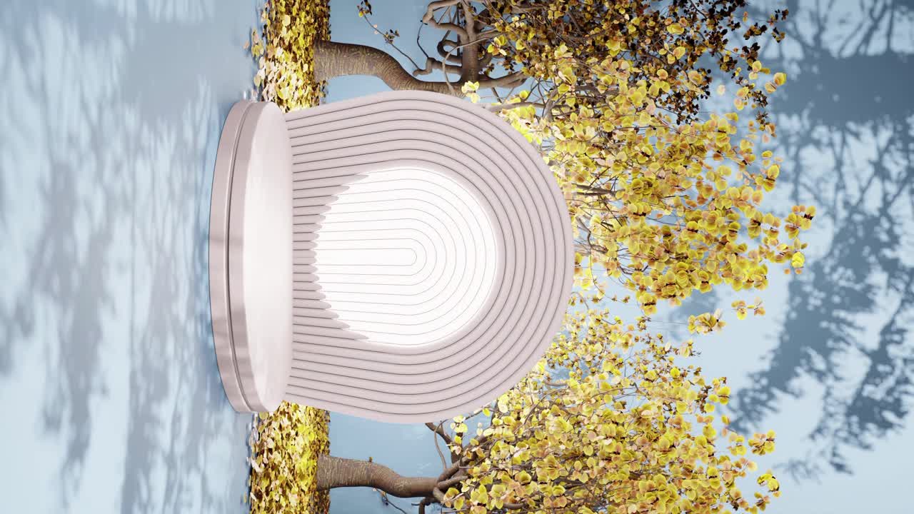 осенняя спокойствие: скульптурные деревья среди круглых белых скамейки синий фон макет подиума продукт