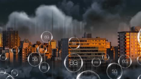 Animation-of-6g-and-5g-text-in-circles-moving-over-residential-buildings-in-city-under-cloudy-sky