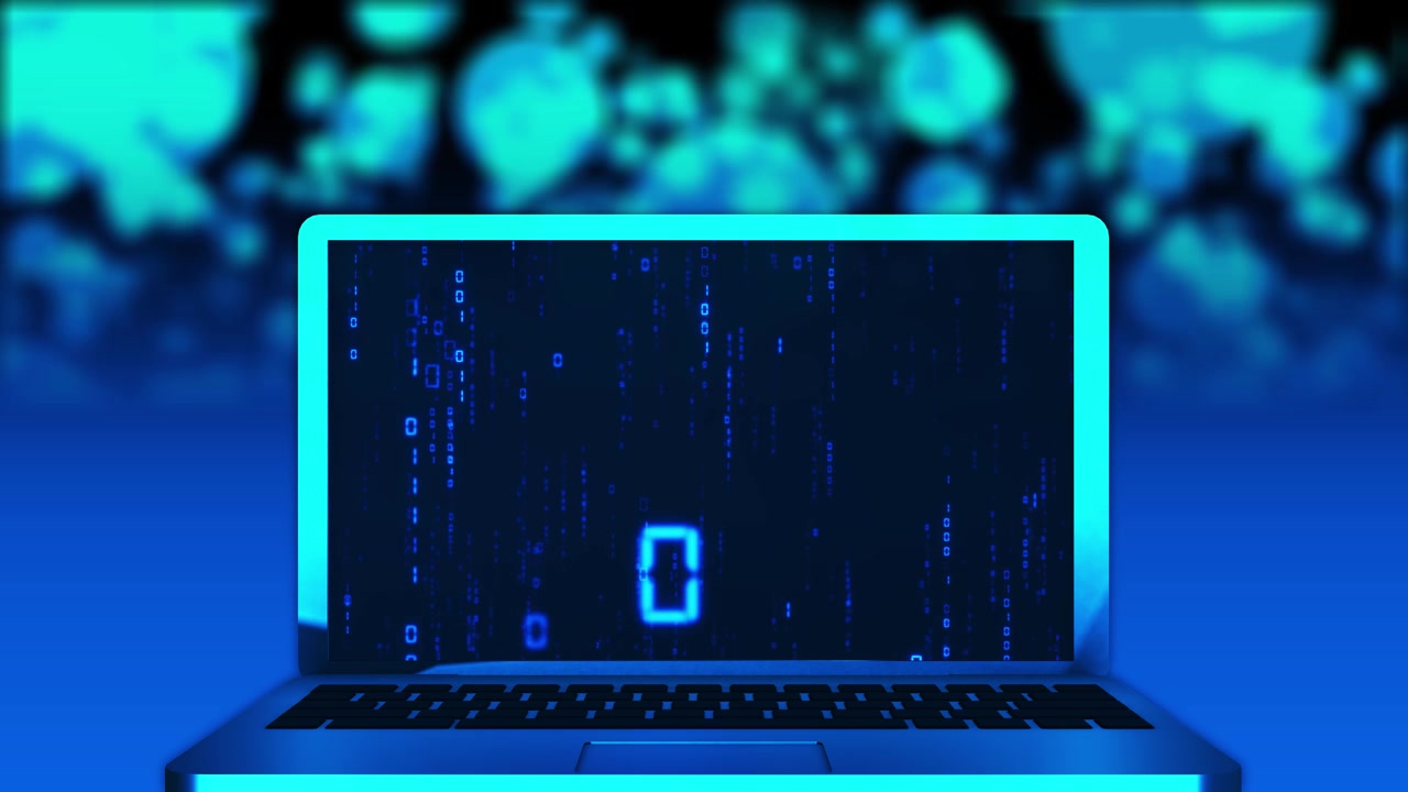 Blå kodningsvisual med öppen laptop, lysande skärm, fallande datatecken och mjukt suddig bakgrund.