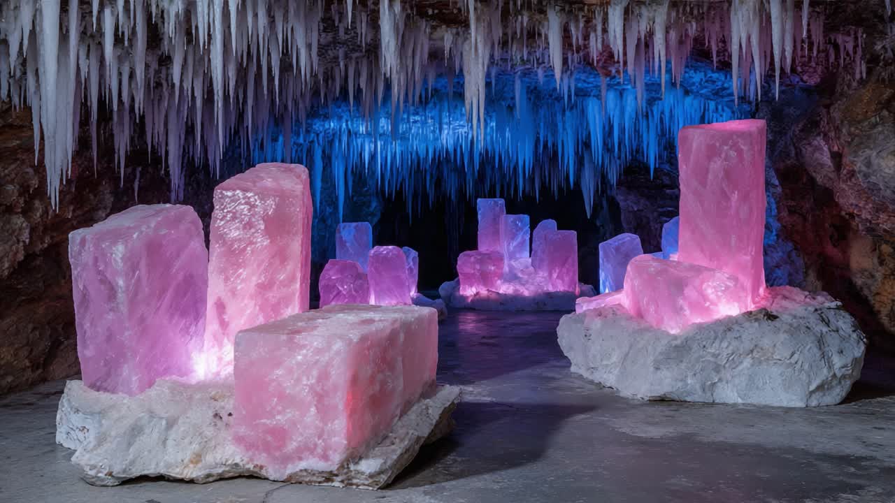 Breathtaking Display of Colorful Crystal Formations Illuminated in a Stunning Underground Cave With Unique Ice Stalactites and Vivid Lighting Effects