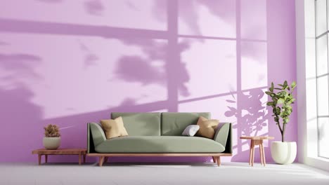 Modernes-Wohnzimmer-In-Einer-Wohnung-Mit-Couch-Und-Wolkenschatten,-Die-Sich-Durch-Eine-Sanfte-Sommerbrise-An-Der-Violetten-Wand-Bewegen,-Rendering-Animationsarchitektur-Innendesignkonzept